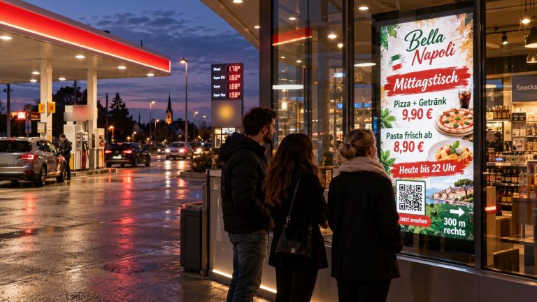 LED-Werbung einer Pizzeria im Schaufenster mit Wegbeschreibung