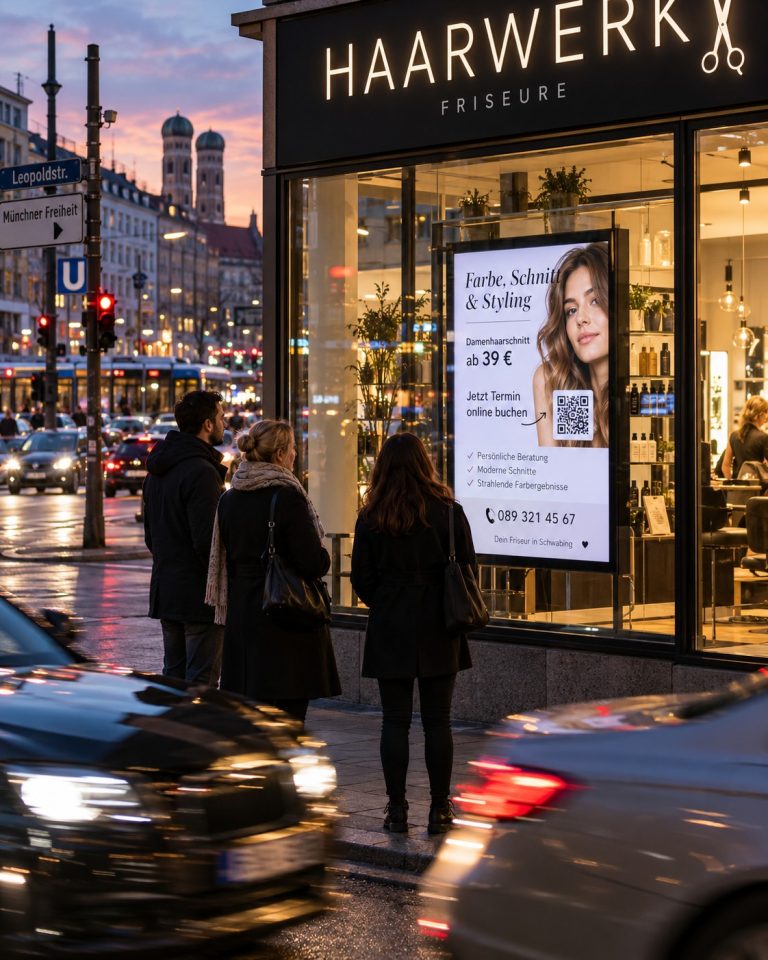 LED-Werbebildschirm im Schaufenster eines Friseursalons mit Preis und QR-Code